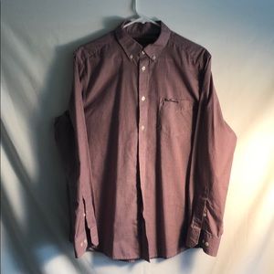 Micro check red, grey, and blue button down shirt.